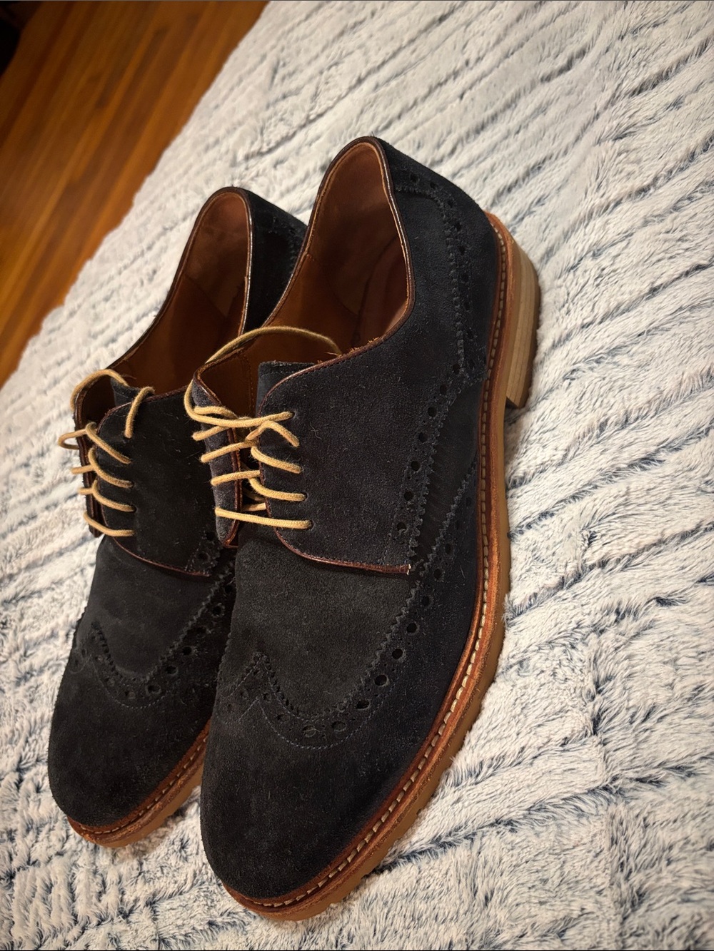 Men's Navy Blue Suede Wingtip Derby with Tan Leather Trim